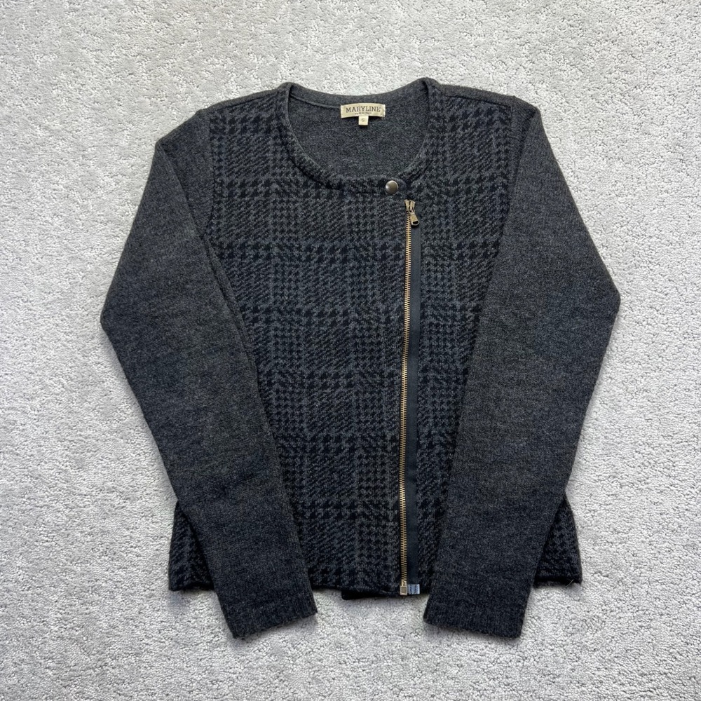 Maryline Cardigan Sweater Womens S Gray Houndstooth Asymmetrical Zip Wool Blend